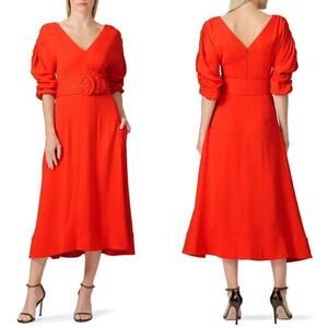 Nicholas Dress Ruched Gathered Puff Sleeve V-Neck A-Line Midi Red Size 6